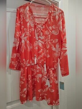 NWT- Swim Coverup Coral Floral Dress - Size M